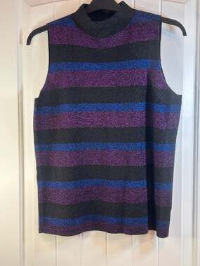 Nine West Women's Metallic Striped Sleeveless Mock Neck Top - Blue and Purple Sp